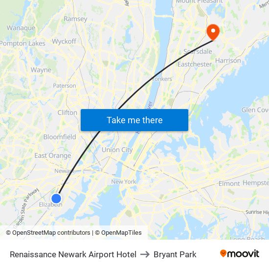Rennaissance Newark Airport to Bryant Park map