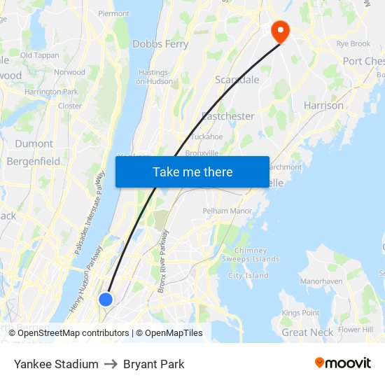 Yankee Stadium to Bryant Park map