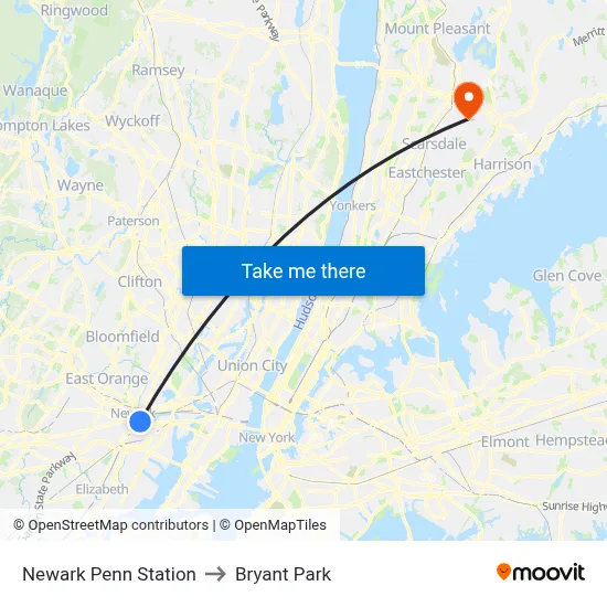 Newark Penn Station to Bryant Park map