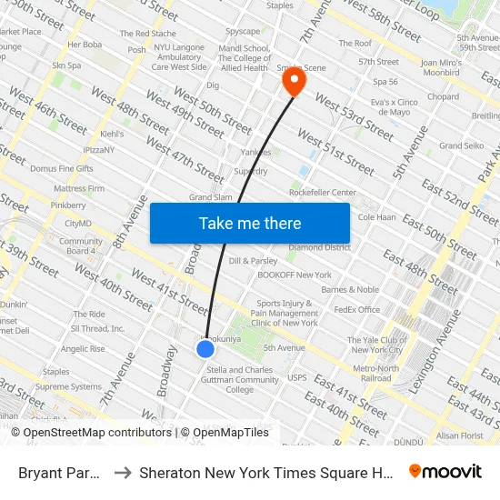 Bryant Park 7 to Sheraton New York Times Square Hotel map
