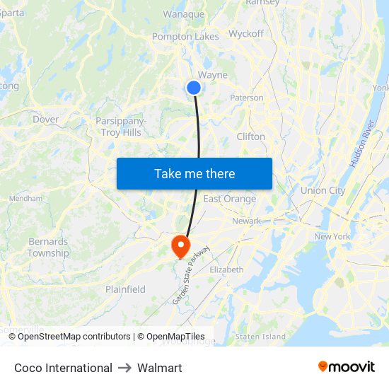Coco International to Walmart map