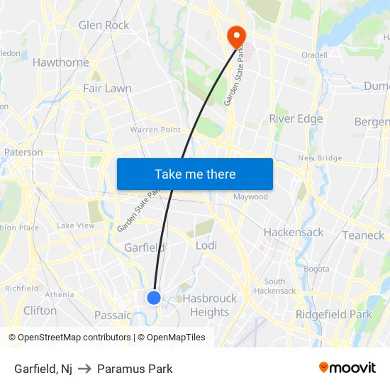 Garfield, Nj to Paramus Park map