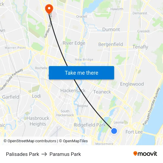 Palisades Park to Paramus Park map