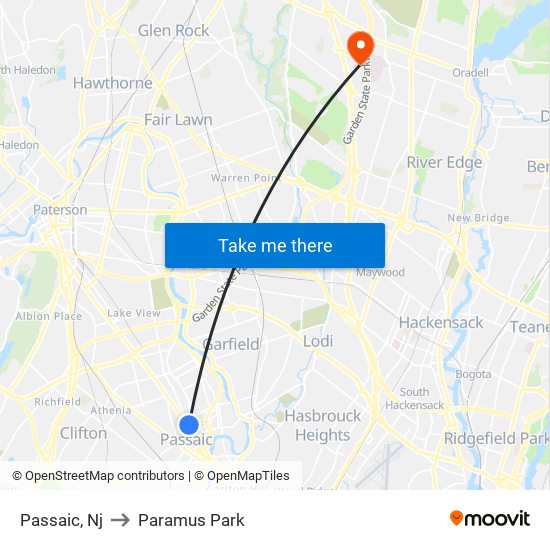 Passaic, Nj to Paramus Park map