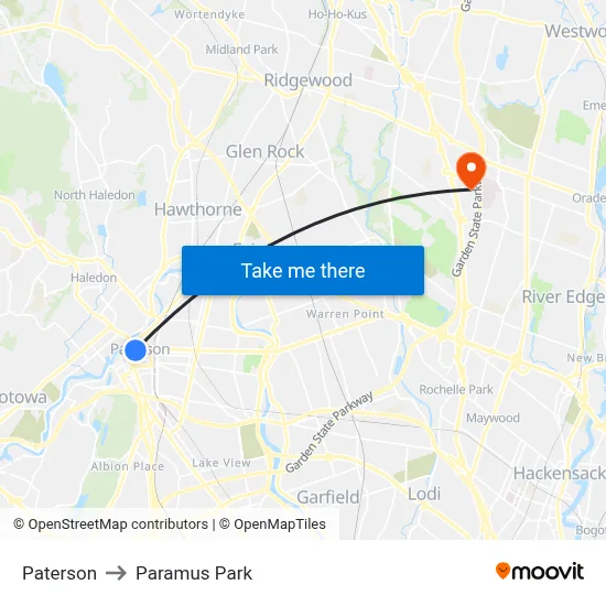 Paterson to Paramus Park map
