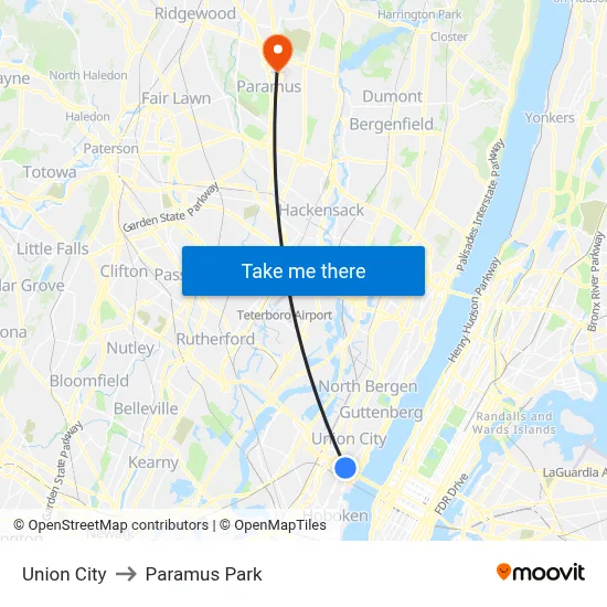 Union City to Paramus Park map