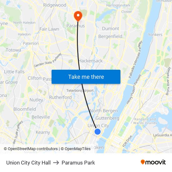 Union City City Hall to Paramus Park map