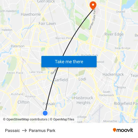 Passaic to Paramus Park map