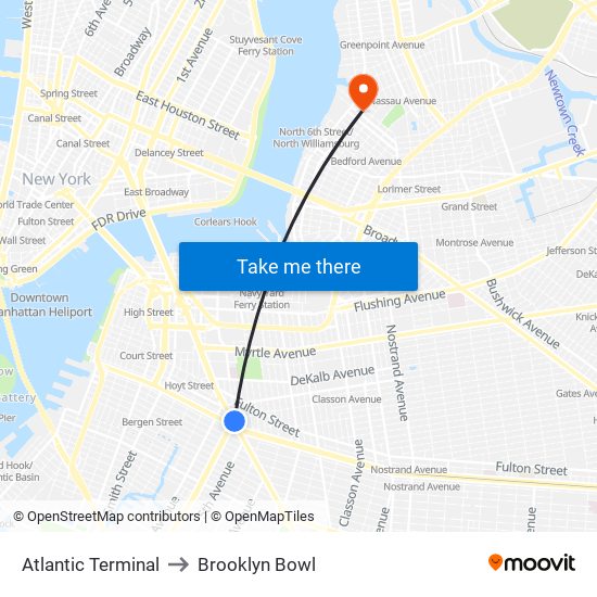 Atlantic Terminal to Brooklyn Bowl map