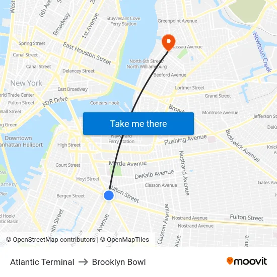 Atlantic Terminal to Brooklyn Bowl map