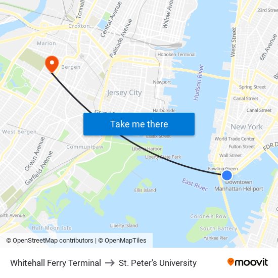 Whitehall Ferry Terminal to St. Peter's University map