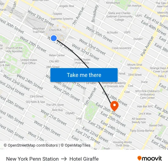 New York Penn Station to Hotel Giraffe map