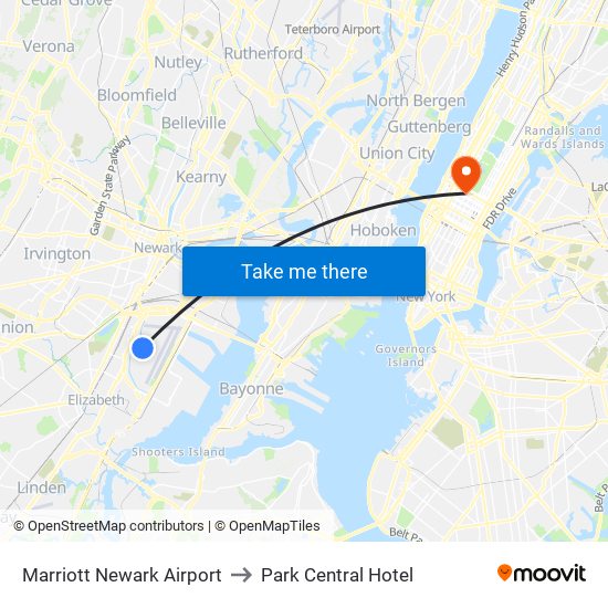 Marriott Newark Airport to Park Central Hotel map