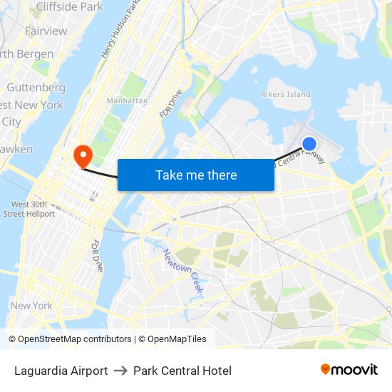 Laguardia Airport to Park Central Hotel map
