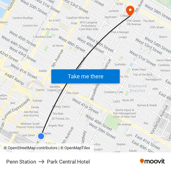 Penn Station to Park Central Hotel map