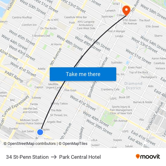 34 St-Penn Station to Park Central Hotel map