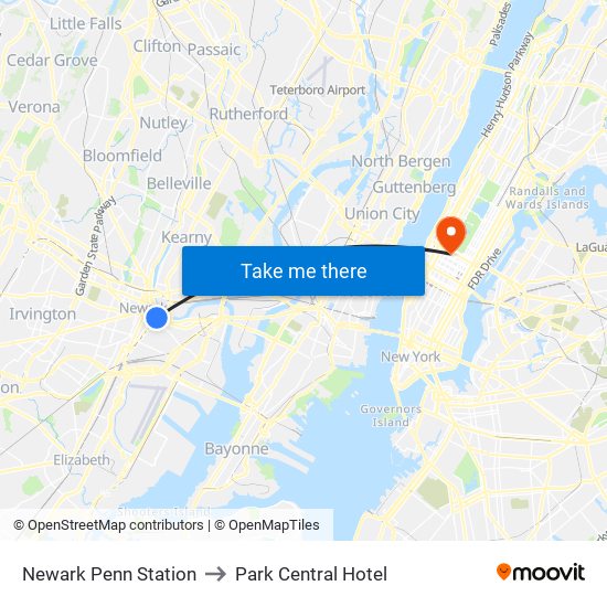 Newark Penn Station to Park Central Hotel map