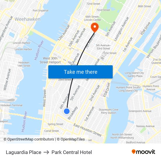 Laguardia Place to Park Central Hotel map