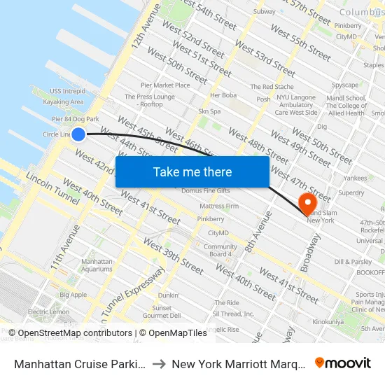 Manhattan Cruise Parking to New York Marriott Marquis map