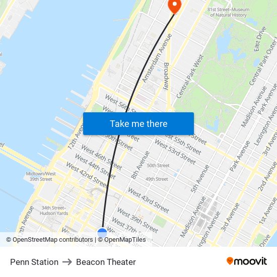 Penn Station to Beacon Theater map