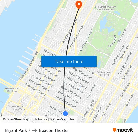 Bryant Park 7 to Beacon Theater map
