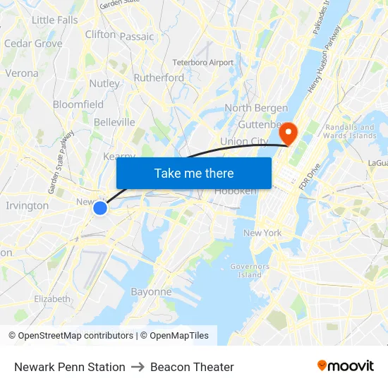 Newark Penn Station to Beacon Theater map
