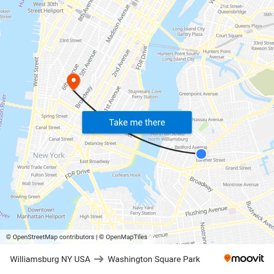 Williamsburg NY USA to Washington Square Park map