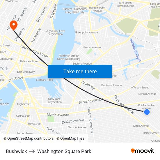 Bushwick to Washington Square Park map