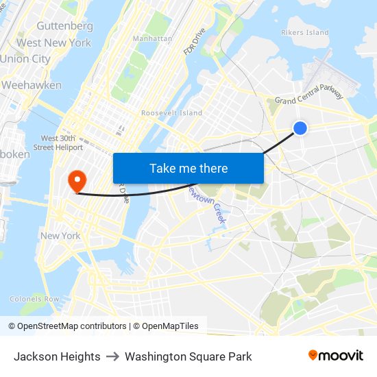 Jackson Heights to Washington Square Park map