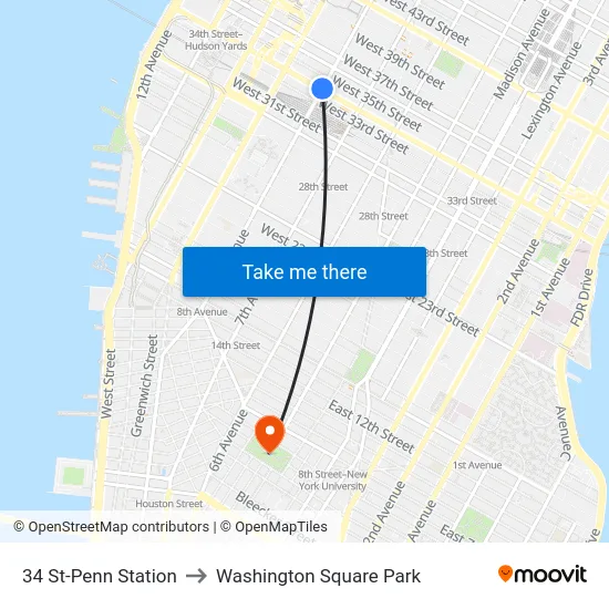34 St-Penn Station to Washington Square Park map