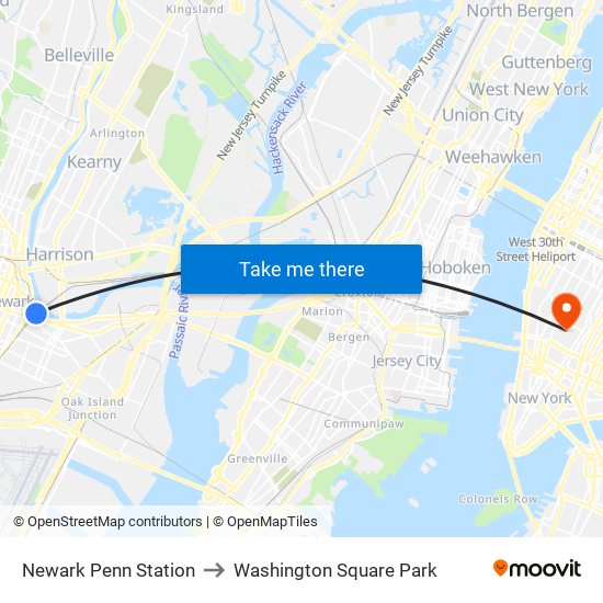 Newark Penn Station to Washington Square Park map