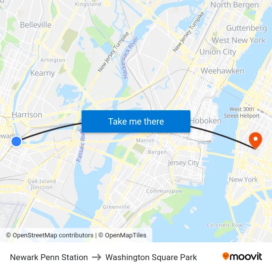 Newark Penn Station to Washington Square Park map