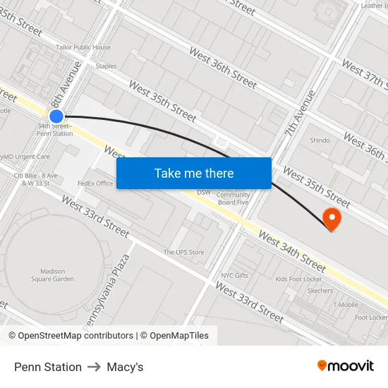 Penn Station to Macy's map