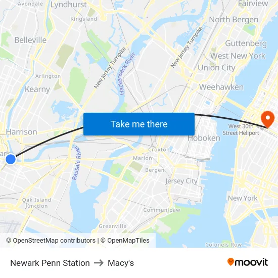 Newark Penn Station to Macy's map