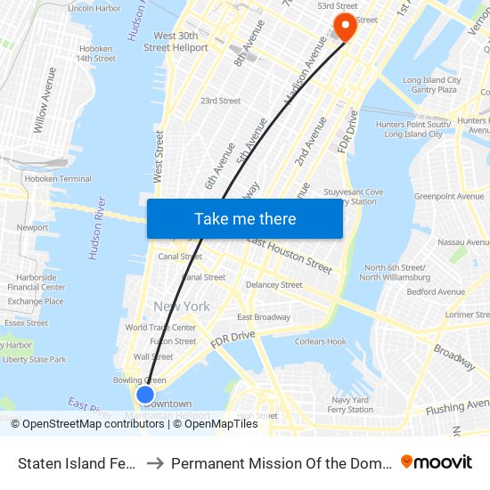 Staten Island Ferry Whitehall Terminal to Permanent Mission Of the Dominican Republic To the United Nations map