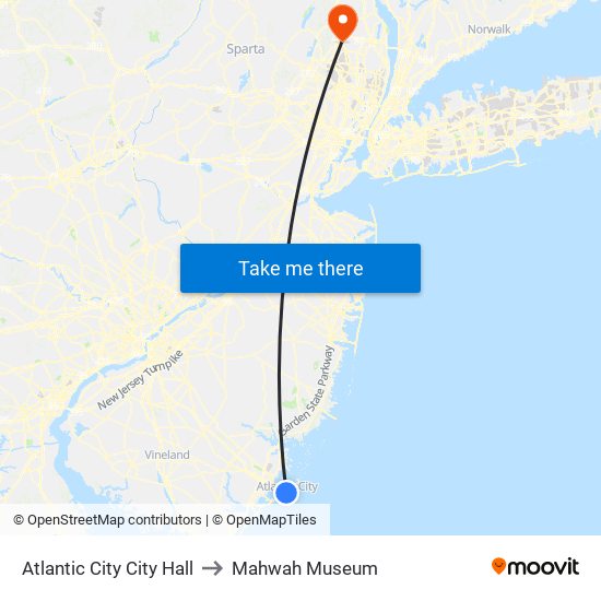 Atlantic City City Hall to Mahwah Museum map