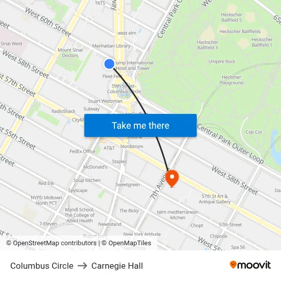 Columbus Circle to Carnegie Hall map
