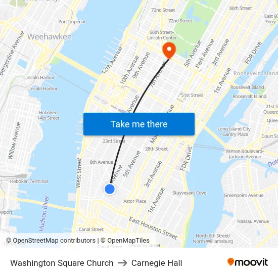 Washington Square Church to Carnegie Hall map