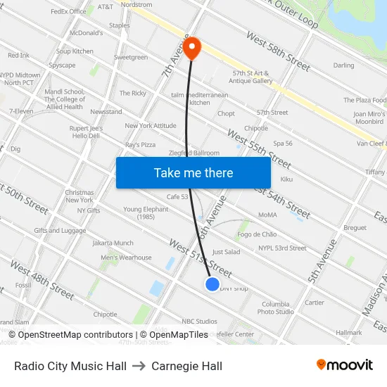 Radio City Music Hall to Carnegie Hall map