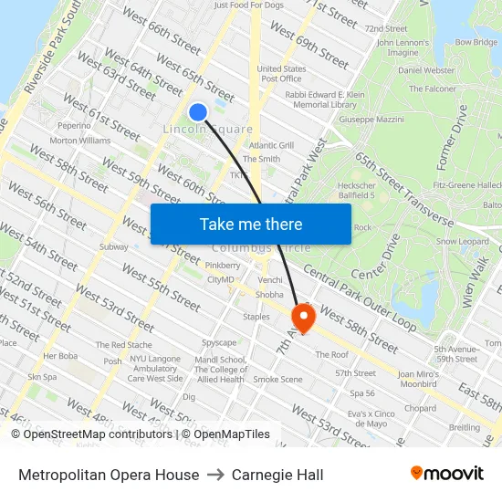 Metropolitan Opera House to Carnegie Hall map