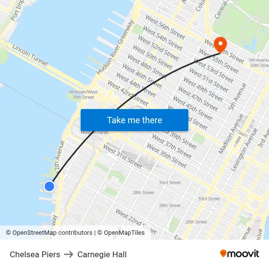 Chelsea Piers to Carnegie Hall map