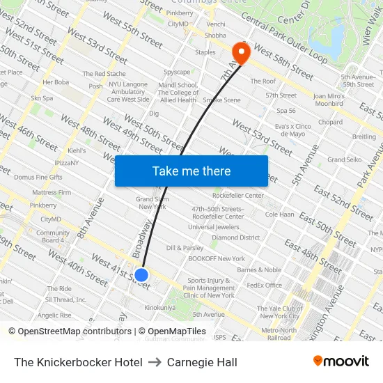 The Knickerbocker Hotel to Carnegie Hall map