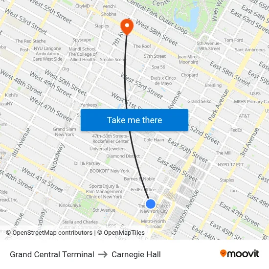 Grand Central Terminal to Carnegie Hall map