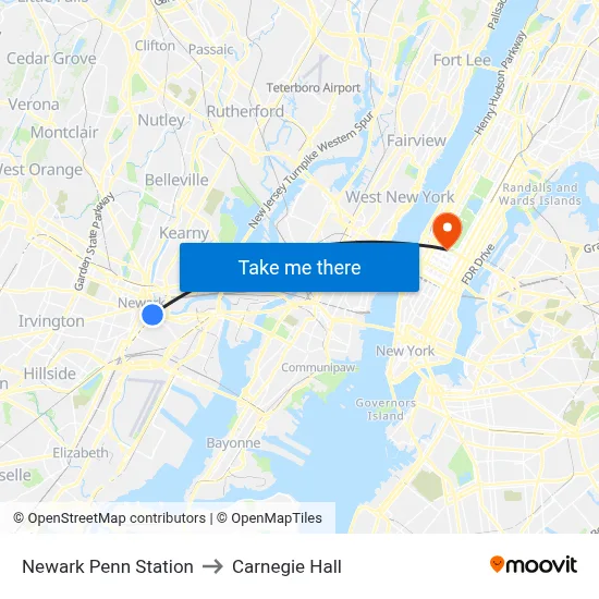 Newark Penn Station to Carnegie Hall map