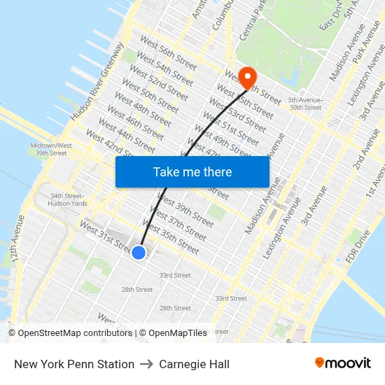 New York Penn Station to Carnegie Hall map