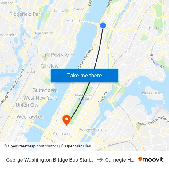 George Washington Bridge Bus Station to Carnegie Hall map
