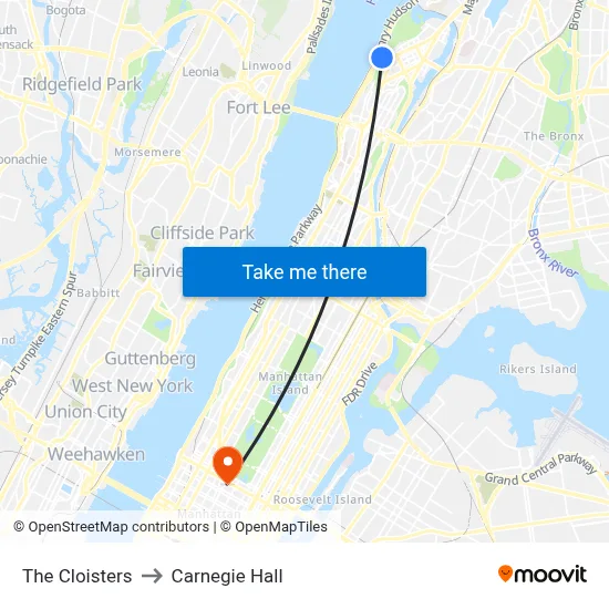 The Cloisters to Carnegie Hall map