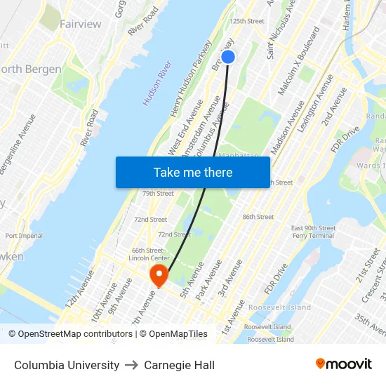 Columbia University to Carnegie Hall map