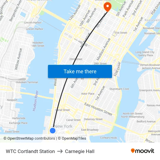 WTC Cortlandt Station to Carnegie Hall map