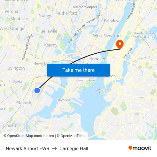 Newark Airport EWR to Carnegie Hall map
